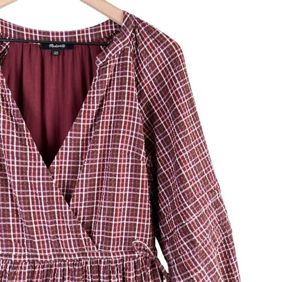 Madewell Seersucker Wrap Mini Dress in Dark Merlot Plaid Print Burgundy Red, XS‎ - Picture 5 of 16